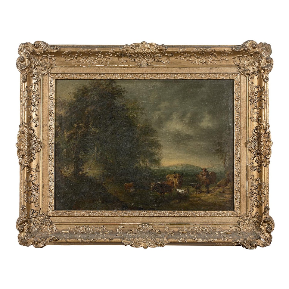 Animated landscape with a shepherd and his herd by Dutch School