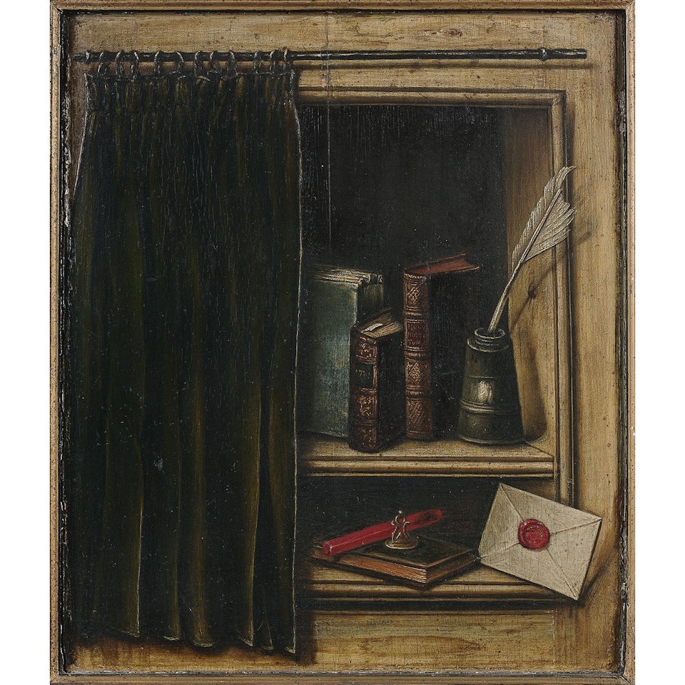 Nature morte de livres avec un rideau en trompe l"œil; Still life with books and a curtain as an optical illusion by French School