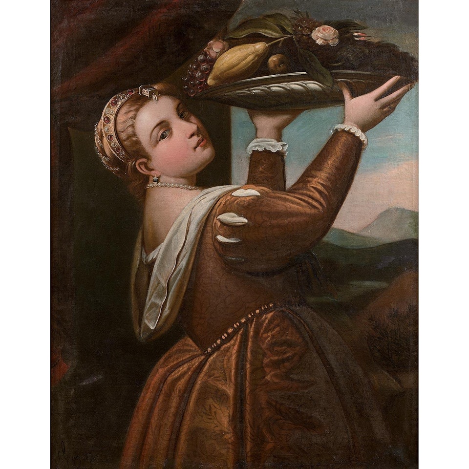 Young woman holding a basket of fruits by German School
