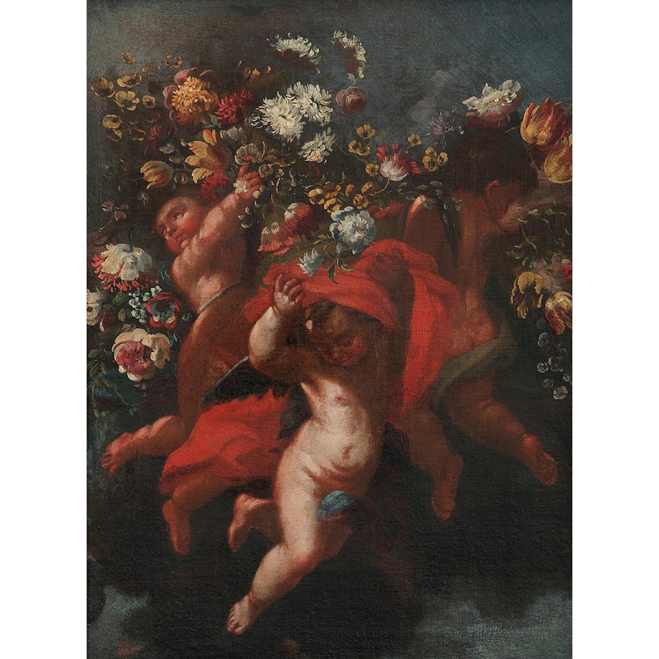 PUTTI SOUTENANT UNE GUIRLANDE DE FLEURS by Roman School