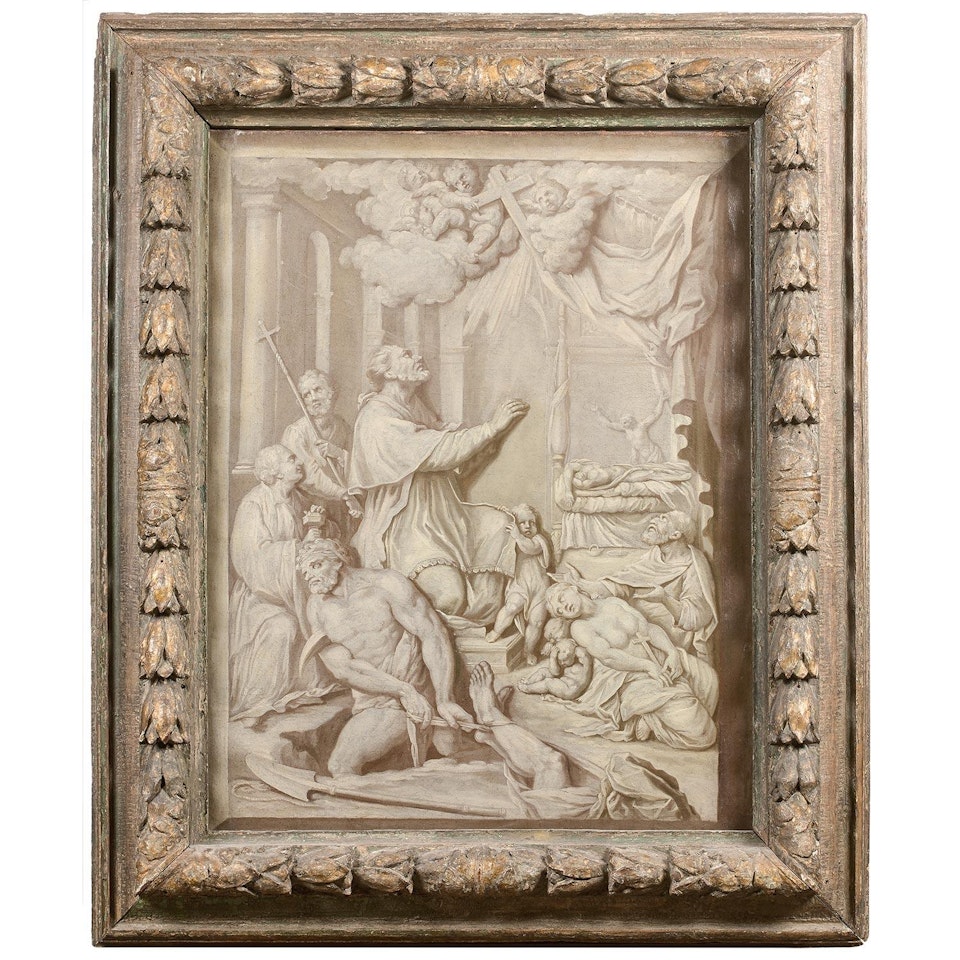 ENTOURAGE DE PIERRE PUGET BAS-RELIEF REPRESENTANT CHARLES BORROMEE PRIANT ET LES PESTIFERES DE PIERRE PUGET, DANS UN ENCADREMENT EN TROMPE L"ŒIL by French School