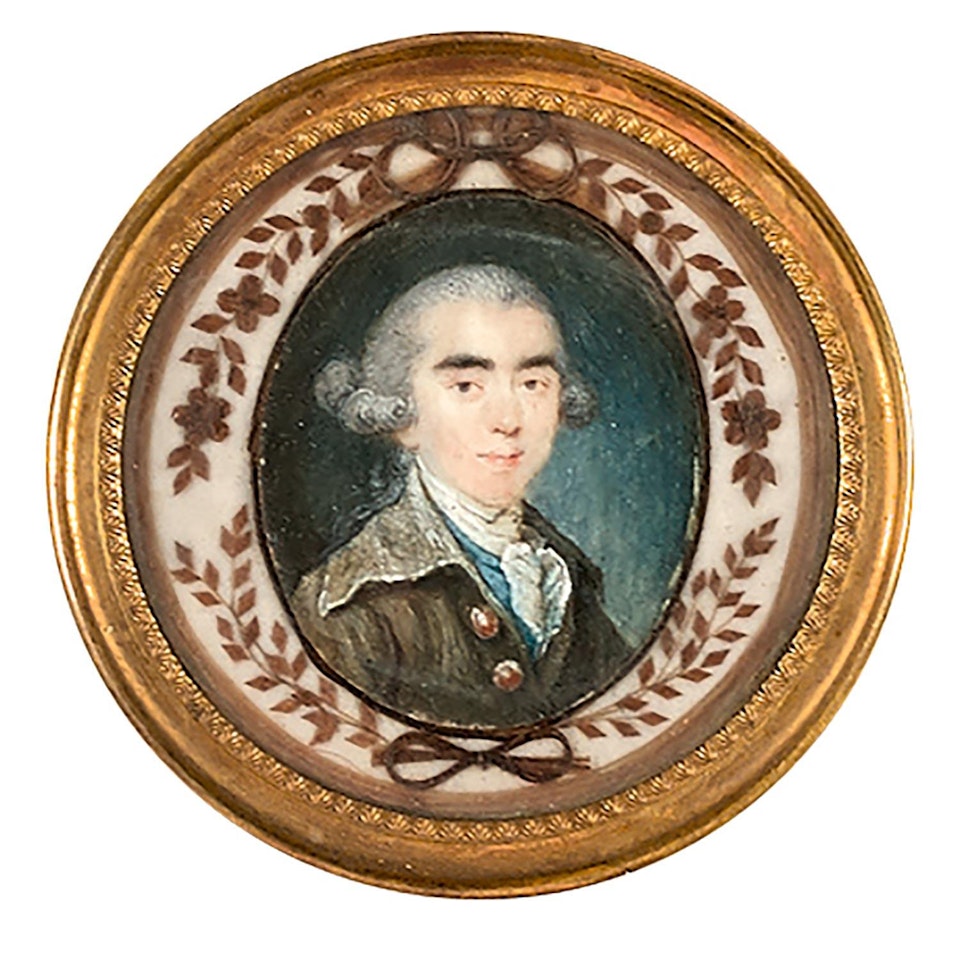 Portrait d"homme en manteau marron à large col et gilet turquoise, by French School