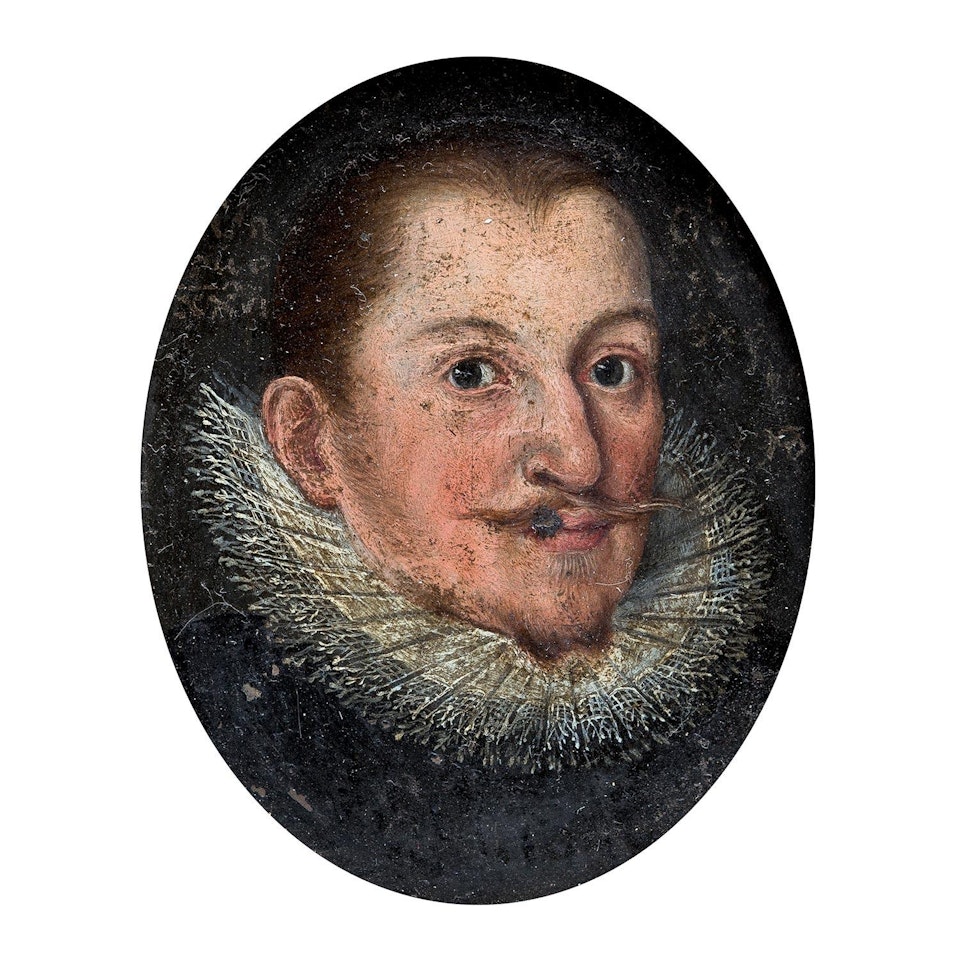 Portrait d"homme à la fine moustache, costume noir et fraise bordée de dentelle by Dutch School