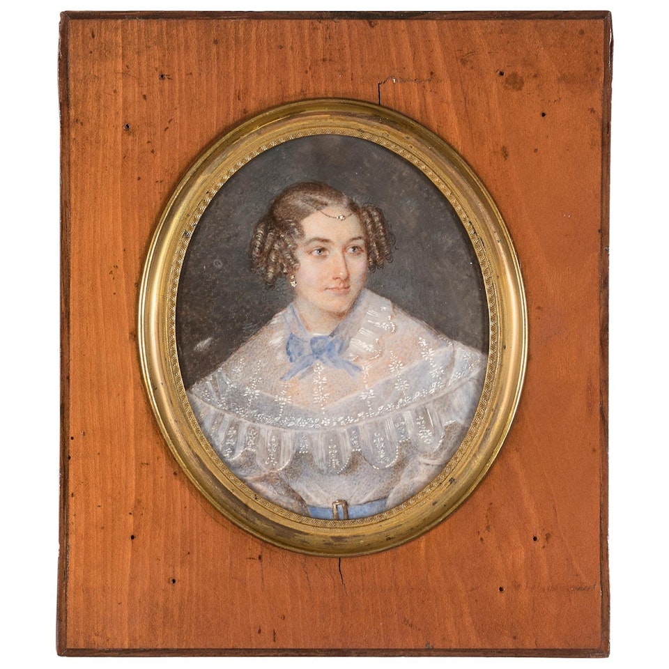 Portrait of a blonde woman with ringlet hairstyle by French School
