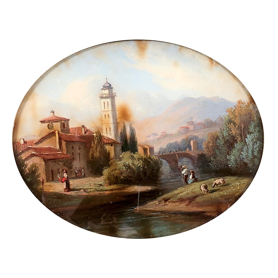 View of an Italian village with bridge and river animated by characters in a mountainous landscape by Italian School