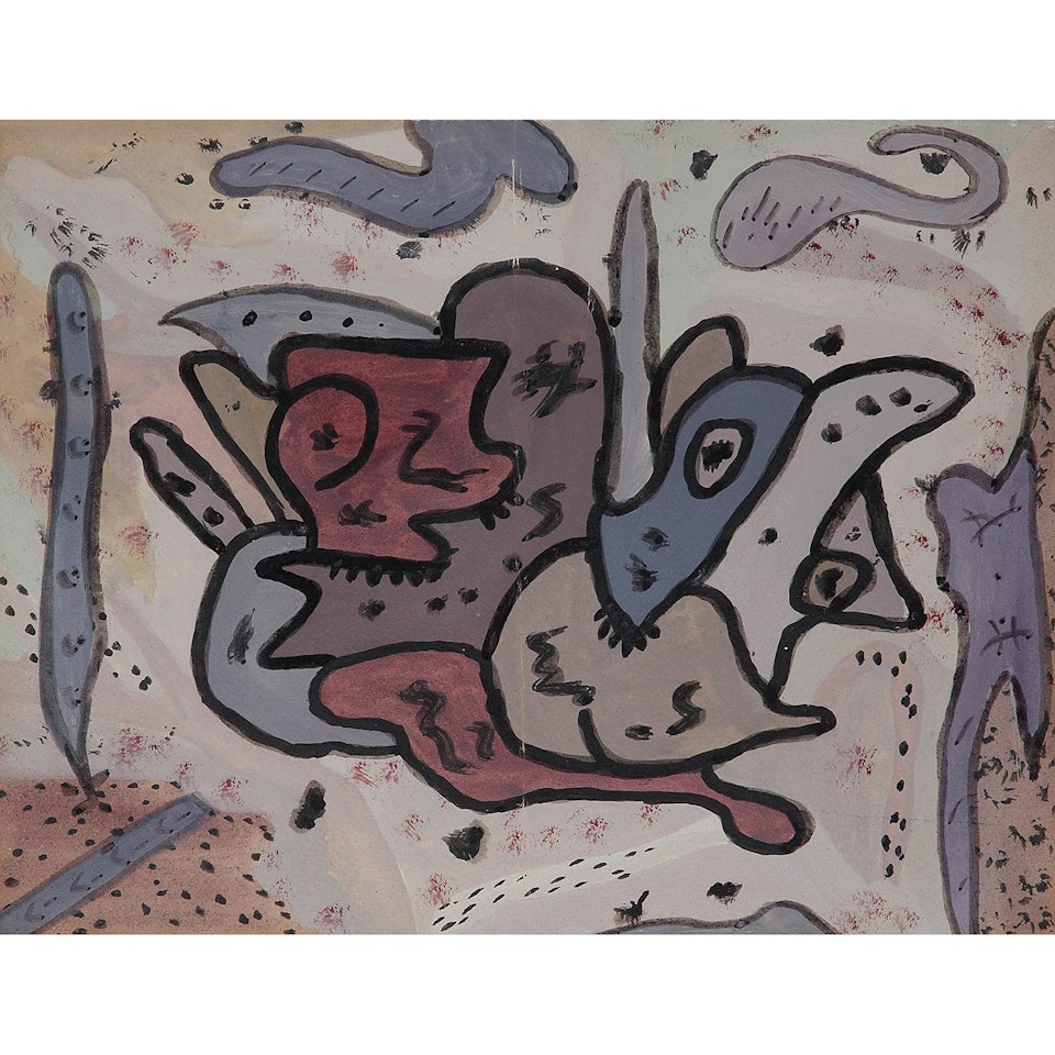 Composition à la forme animale aux éléments imbriqués et à deux yeux ronds by Gaston Chaissac