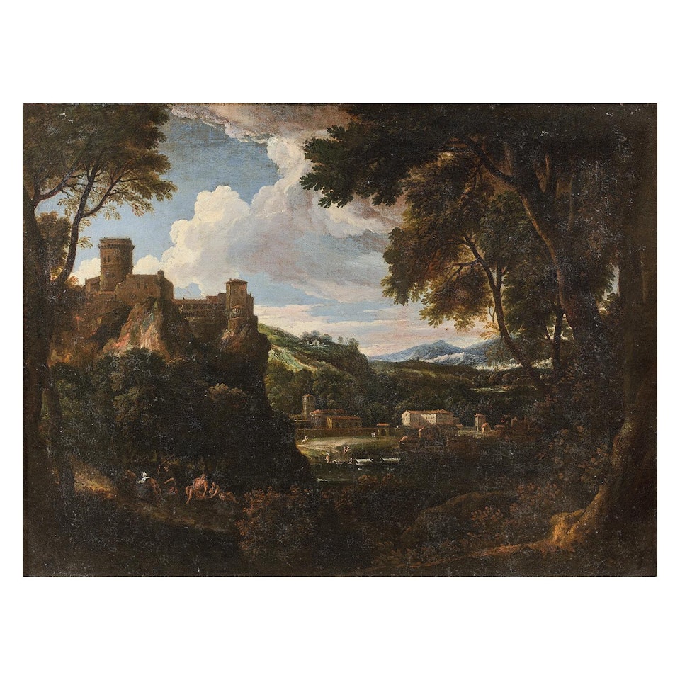 Figures in a wooded landscape bordering a river by Roman School