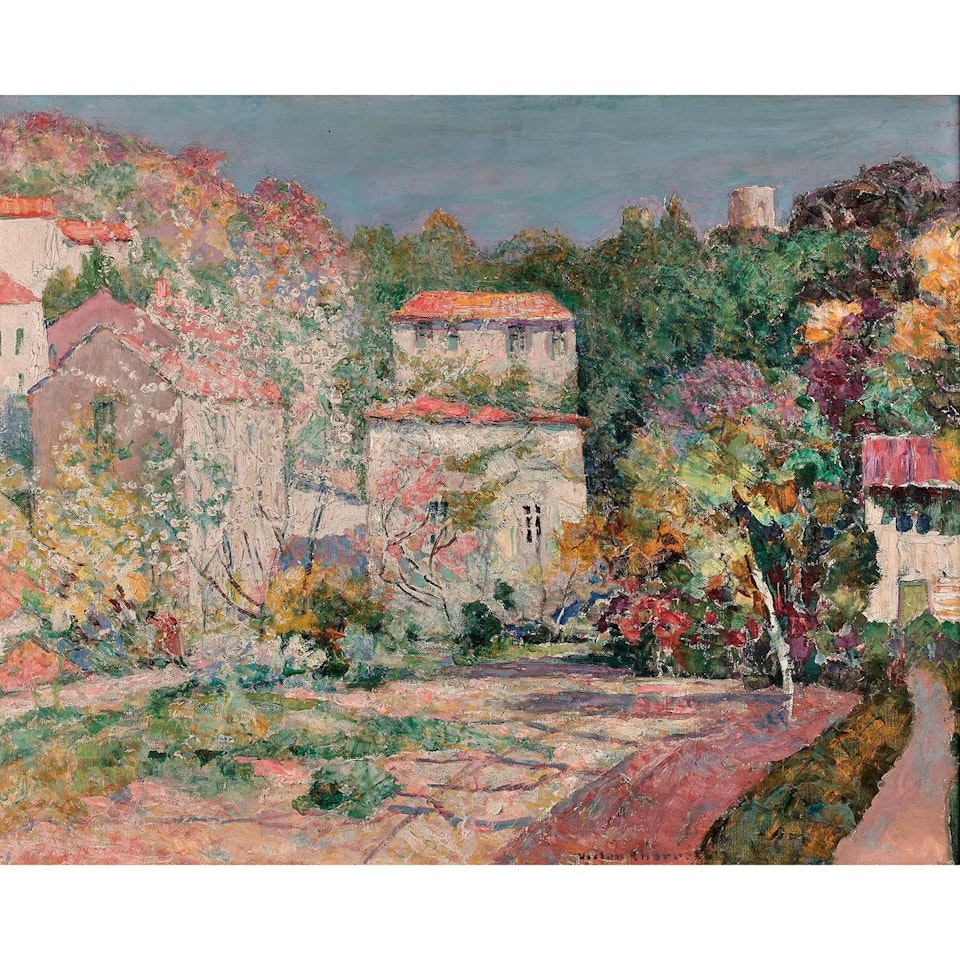 Verger en fleurs dans un village by Victor Charreton