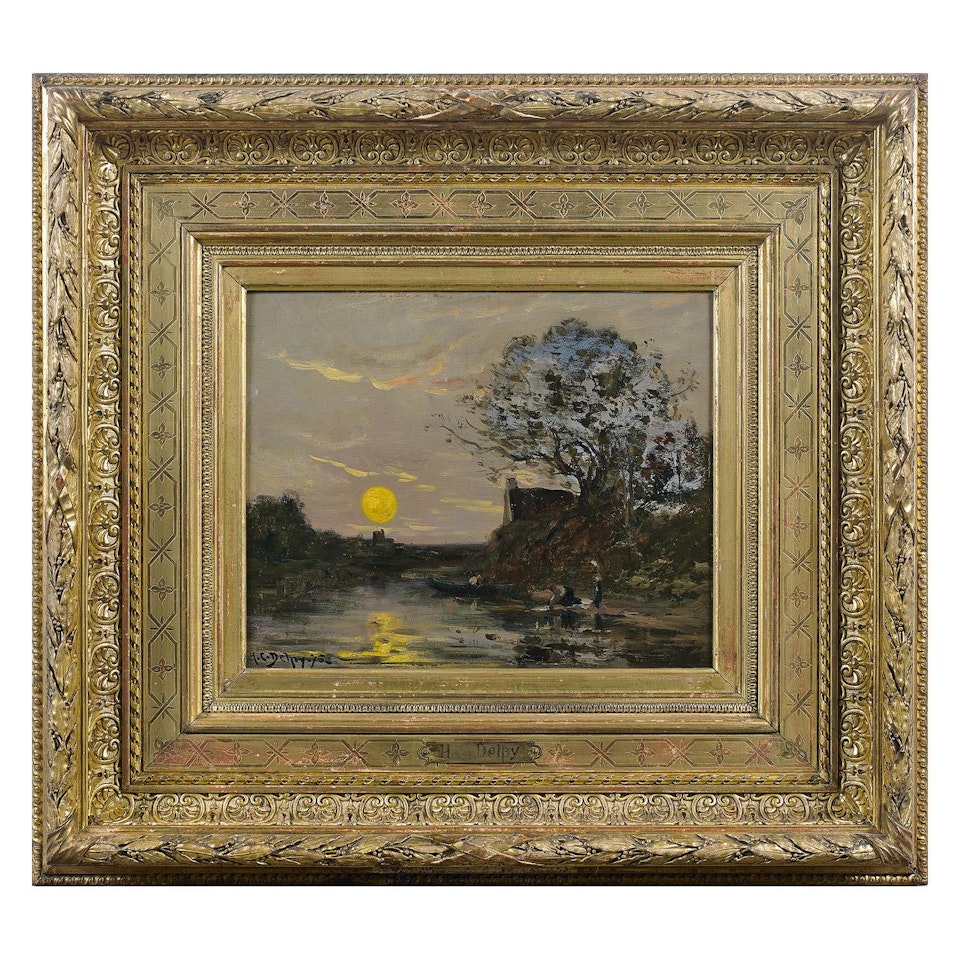 washerwomen at the edge of a pond at sunset by French School