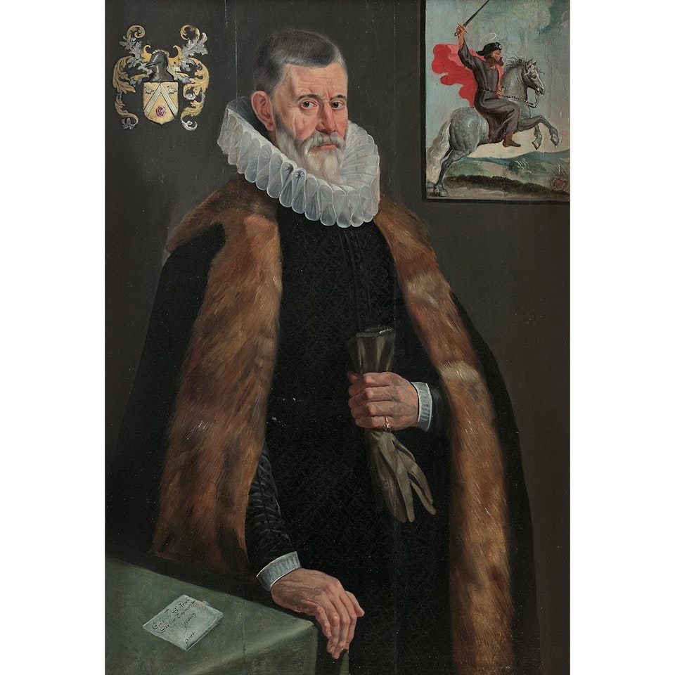 Portrait d"homme avec saint Jacques à cheval brandissant une épée; Portrait of a man with Saint James riding, holding a sword by Flemish School