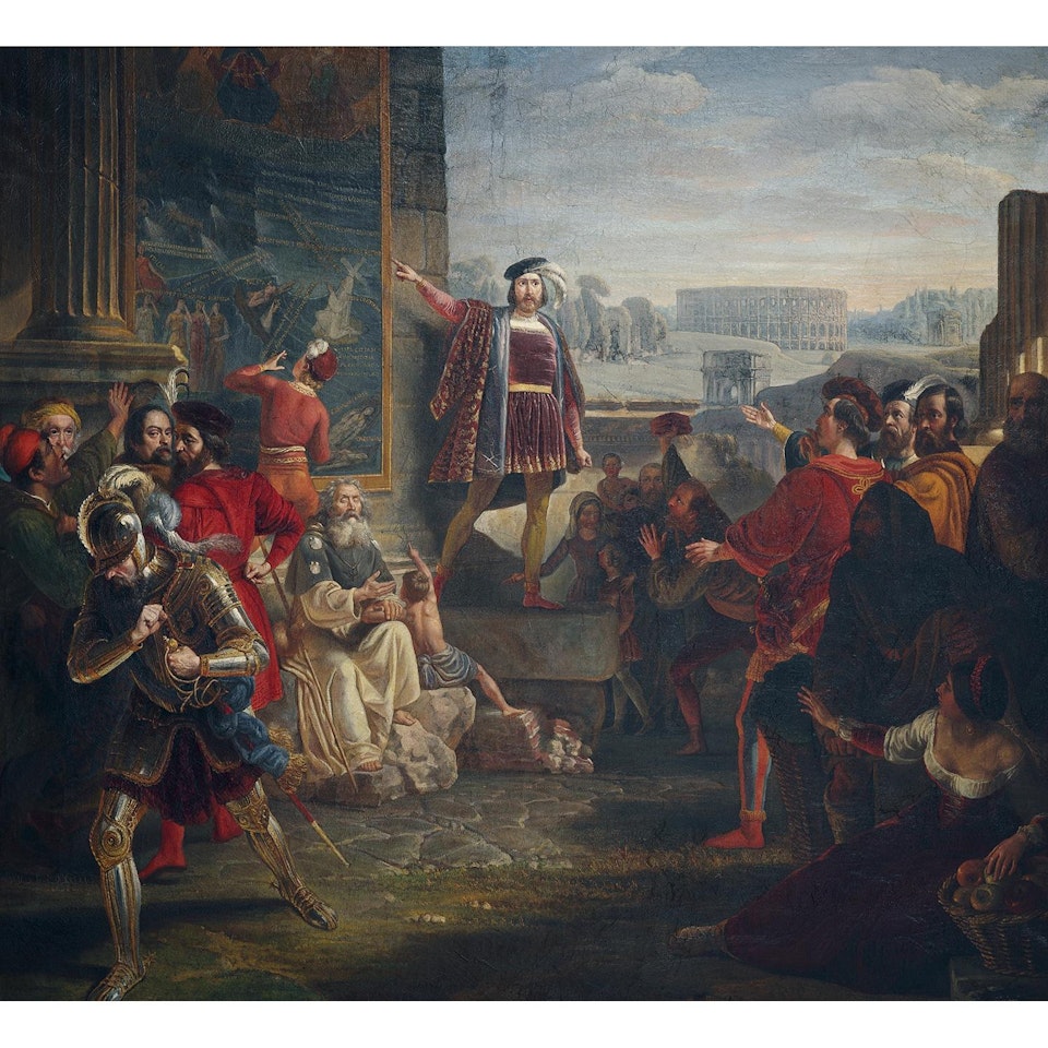 Assemblée d"artistes sur le forum romain; Assembly of artists on the Roman forum by French School