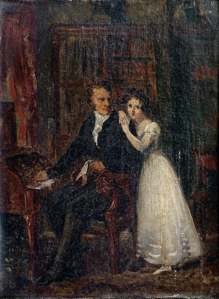 PORTRAIT OF A FATHER AND HIS DAUGHTER IN A LIBRARY by French School