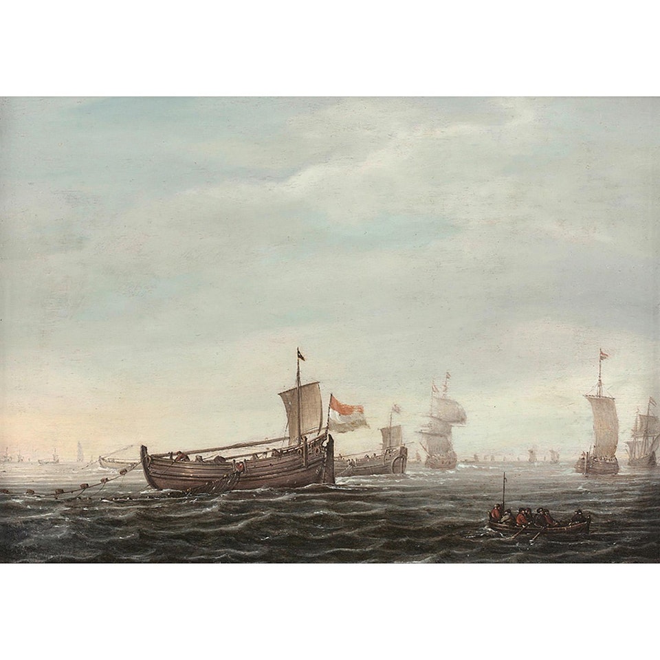 Fishing boats and ships by Dutch School