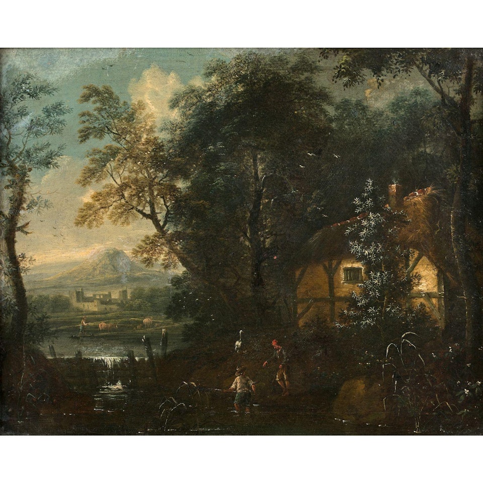 Ladscape with a cottage and fishermen by German School