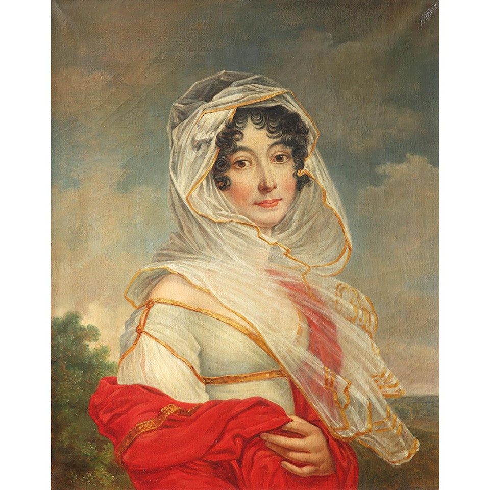 Portrait of a lady with a red shawl by French School