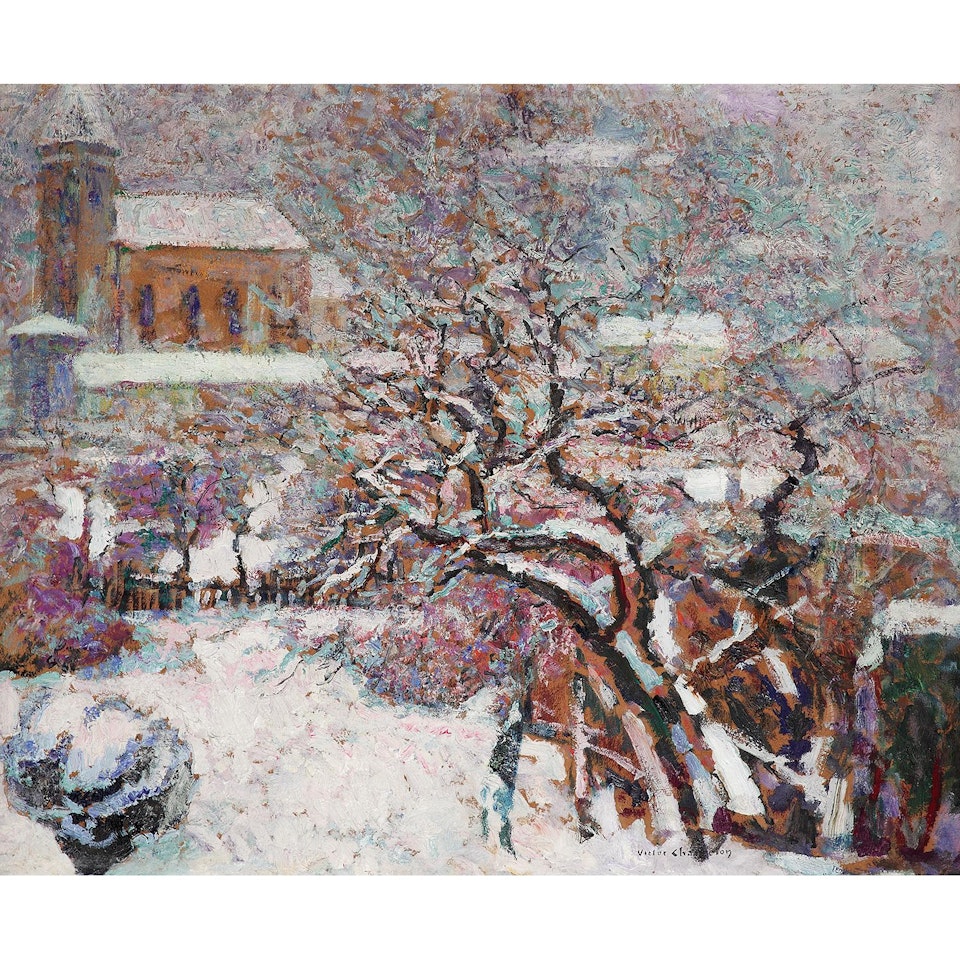 L"arbre sous la neige avec église by Victor Charreton