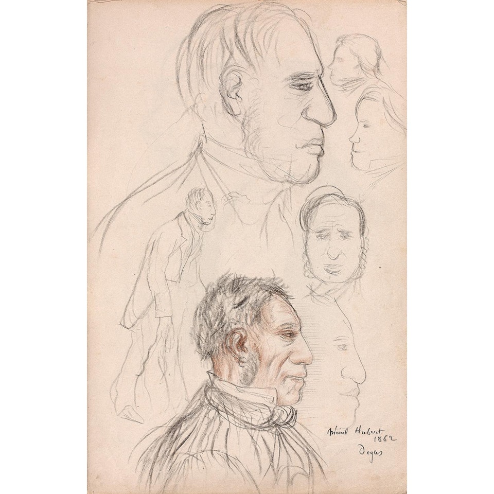 Collection of 10 drawn sheets of portrait-charges of the entourage of the Valpinçon family made in 1862 at the Château du Ménil-Hubert by Edgar Degas