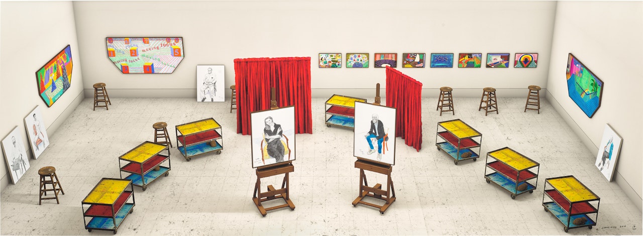 Seven Trollies, Six and a Half Stools, Six Portraits, Eleven Paintings, and Two Curtains by David Hockney