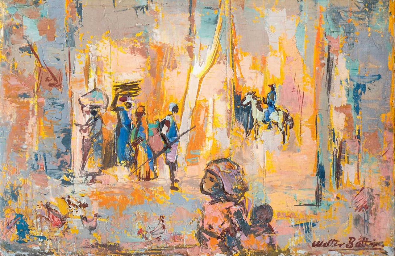 Village scene with rider by Walter Battiss