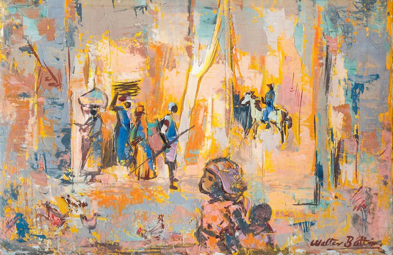 Village scene with rider by Walter Battiss