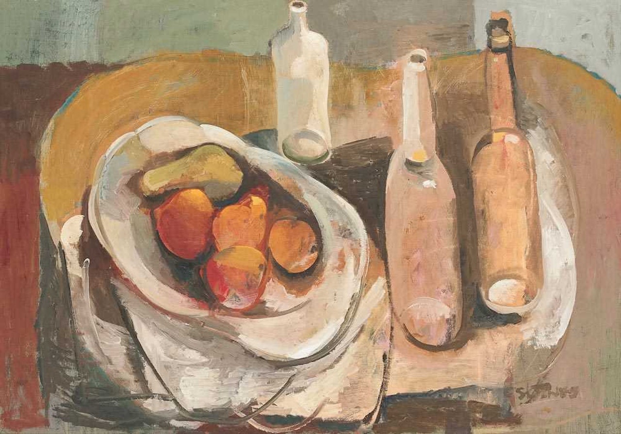Still life with fruit and bottles by Cecil Skotnes
