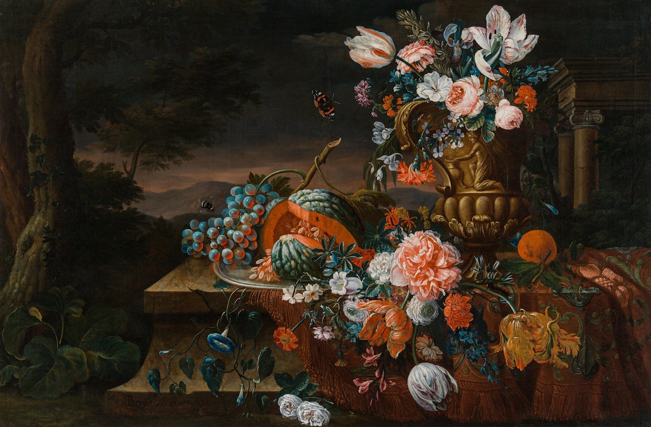 Still life of flowers and fruit in an Italian landscape by Abraham Brueghel