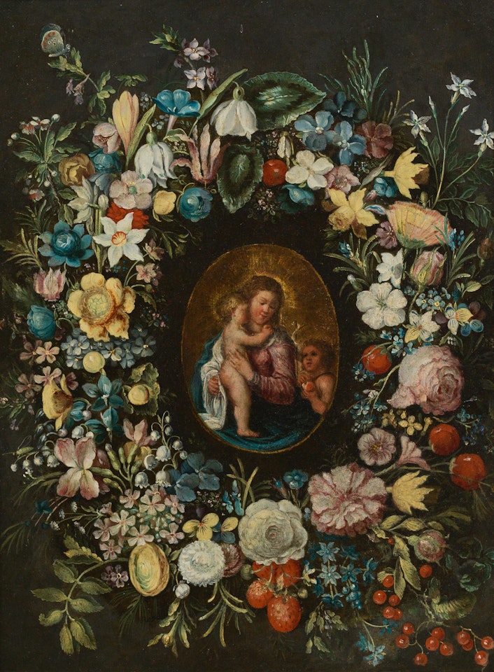 Madonna with child and Infant Saint John in a wreath of flowers by Flemish School