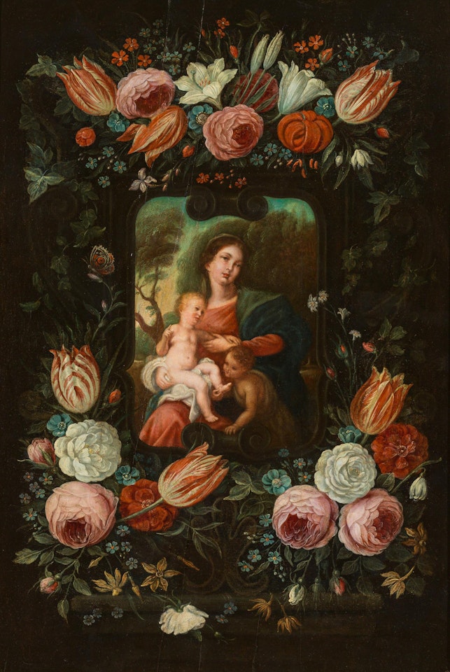 Flower cartouche around Mary with Jesus and John by Jan Van Kessel The Elder