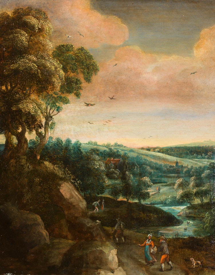 River landscape with hikers by Dutch School