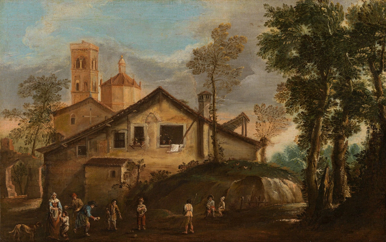 Boccia players in front of a village by Venetian School
