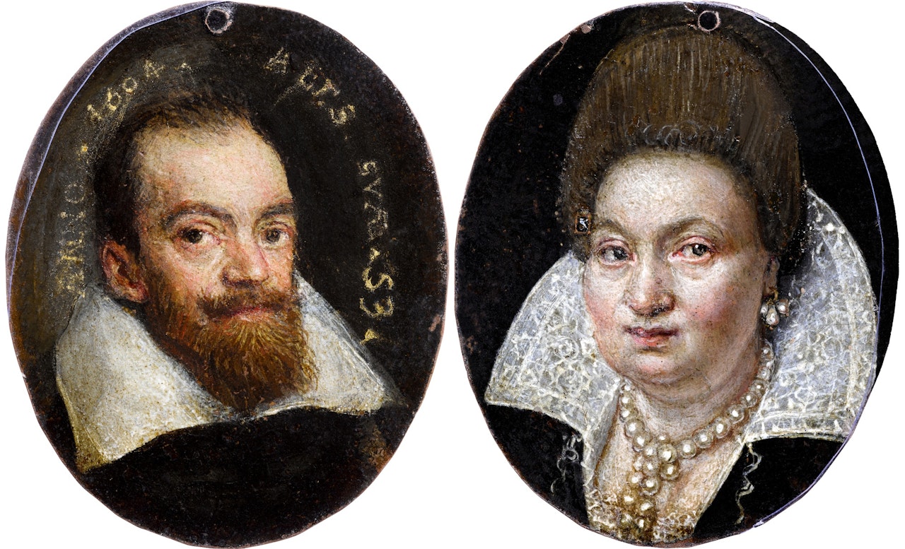Double-sided portrait of a bearded gentleman and a lady in a white ruff and pearl necklace by Lavinia Fontana