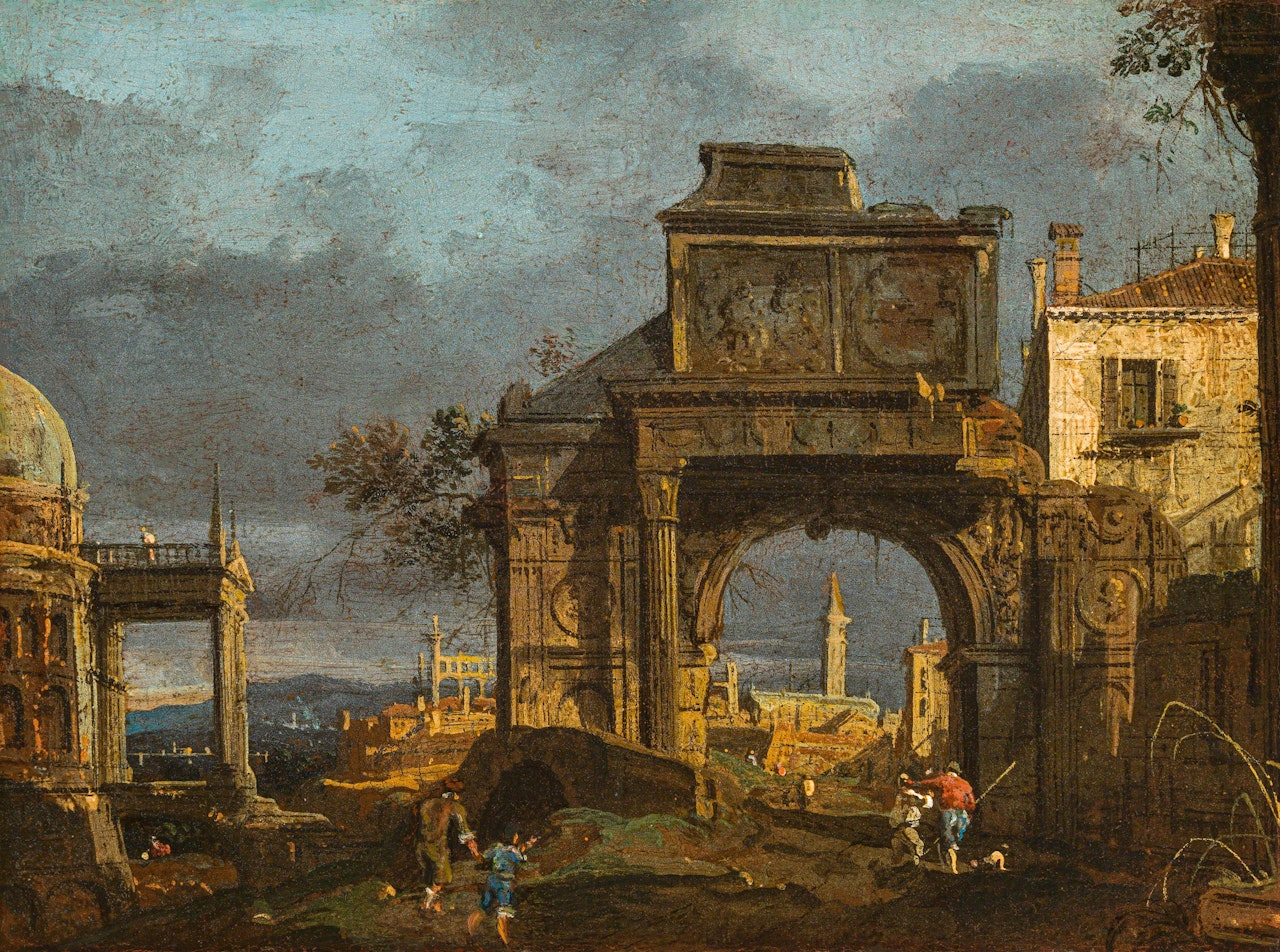 Capriccio with a Ruined Classical Triumphal Arch, a Circular Temple, a Farmhouse and a Village in a Veneto Landscape by Canaletto