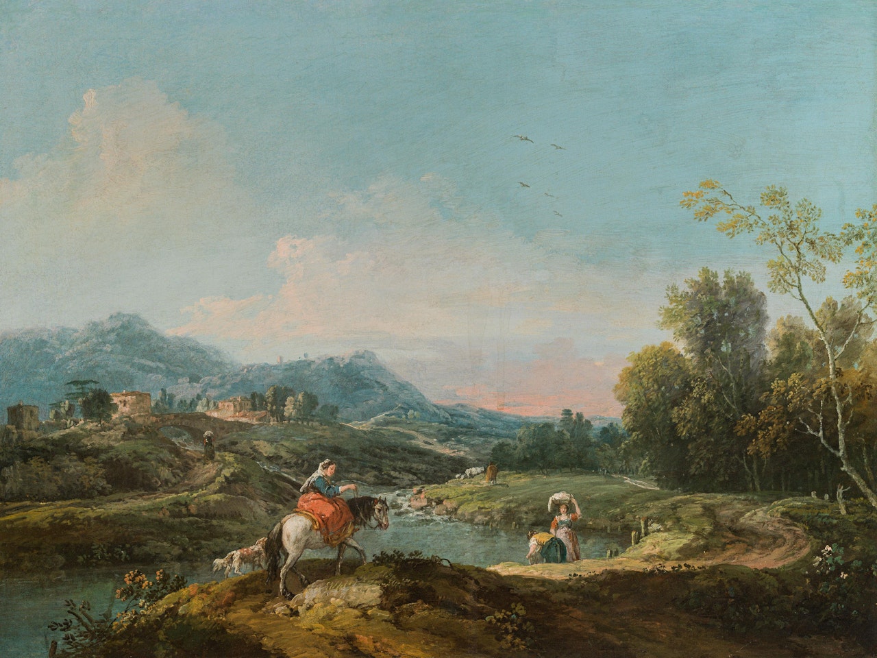 River Landscape with female Equestrian by Francesco Zuccarelli