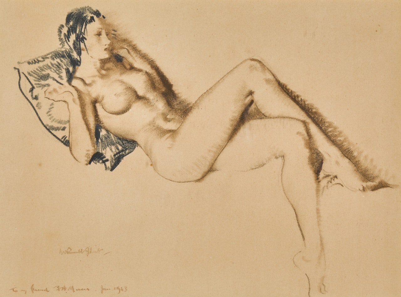 Nude model on a blue cushion by William Russell Flint