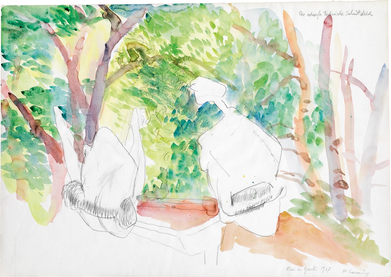 "Zwei im Garten; Der scharfe Technische Schnittstrich" by Maria Lassnig