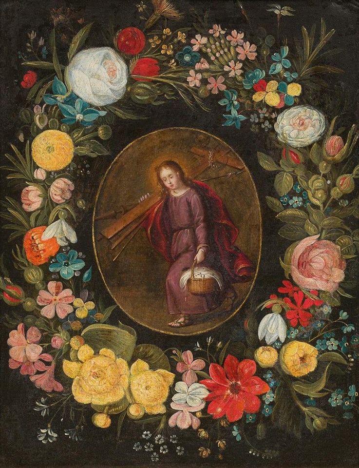 Christ carrying the cross and a basket surrounded by a wreath of flowers by Jan Brueghel the Younger
