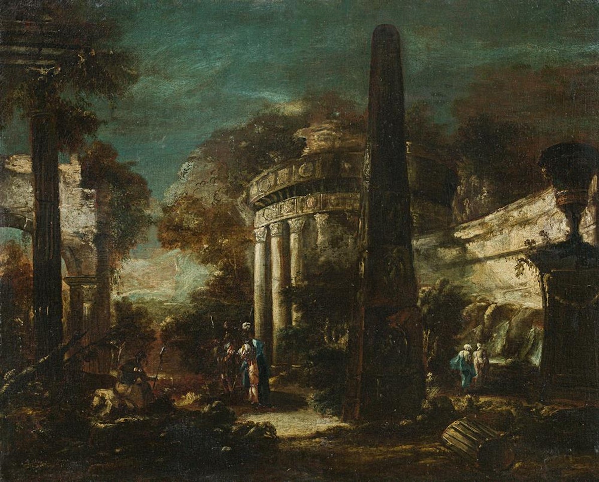 Landscape with ancient ruins and figures by Neapolitan School