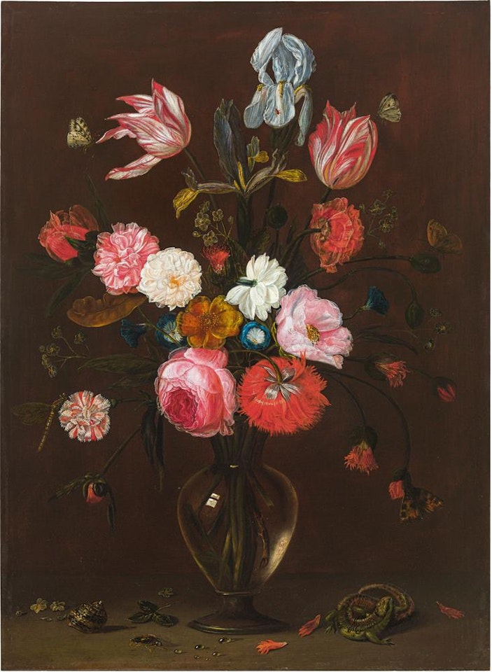 Bouquet of flowers in glass vase with lizard by Jan Van Kessel The Elder