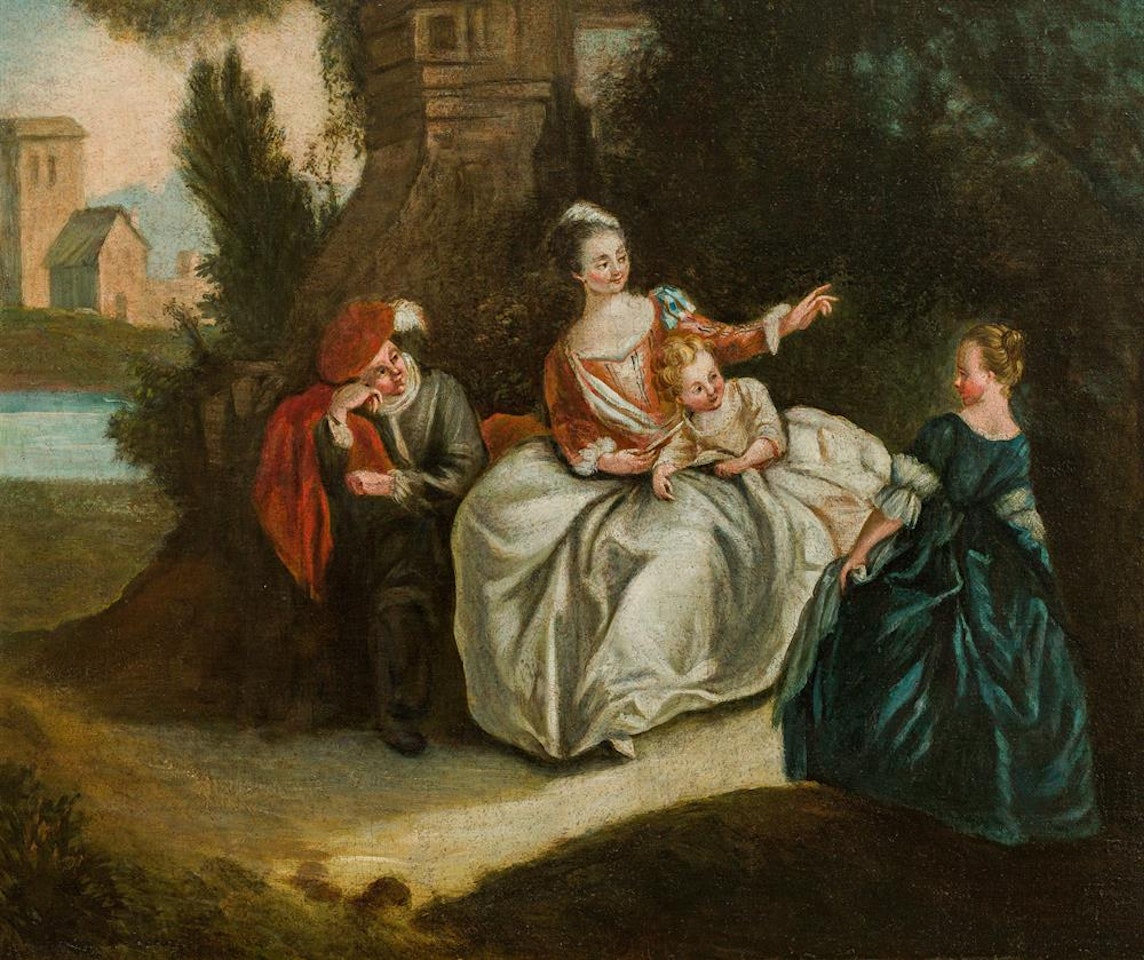 Resting lady with children in a park landscape by French School