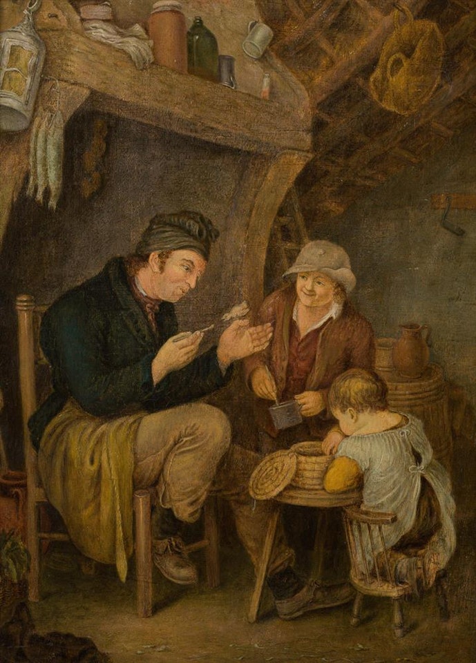 Family feeding the birds by German School