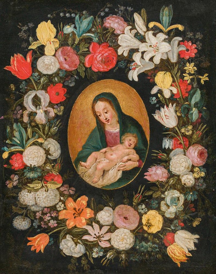 Madonna with child in a wreath of flowers by Jan Brueghel the Younger