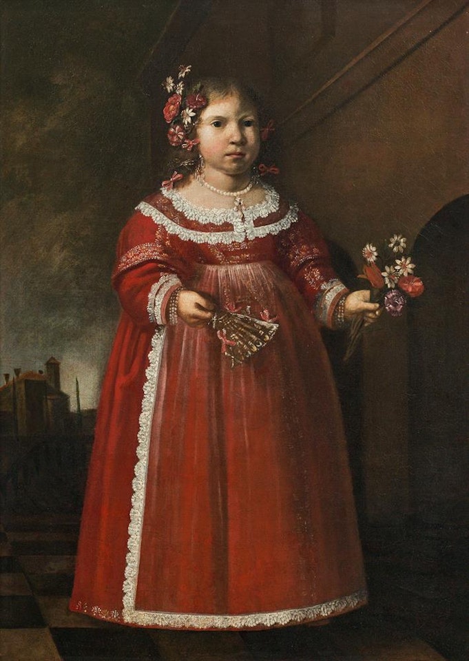Portrait of a little girl with fan and flower bouquet by Pier Francesco Cittadini