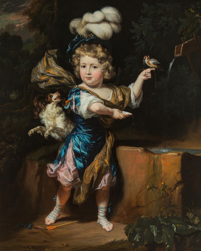 Boy with bird and dog at a fountain by Nicolaes Maes