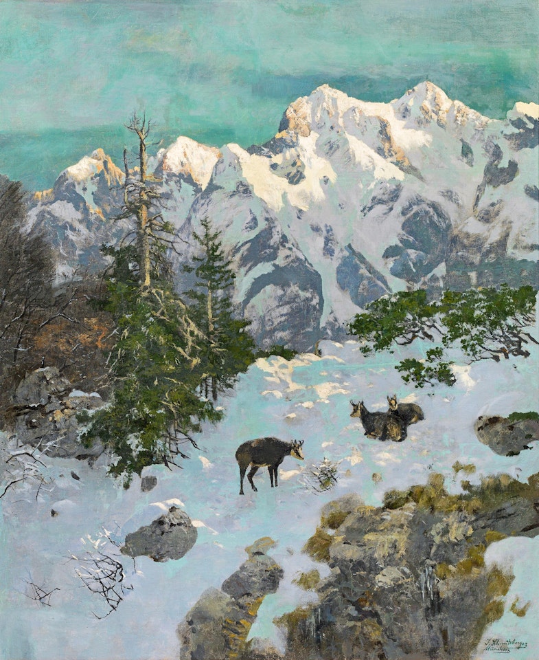 Mountain landscape in winter with chamois by Josef Schmitzberger