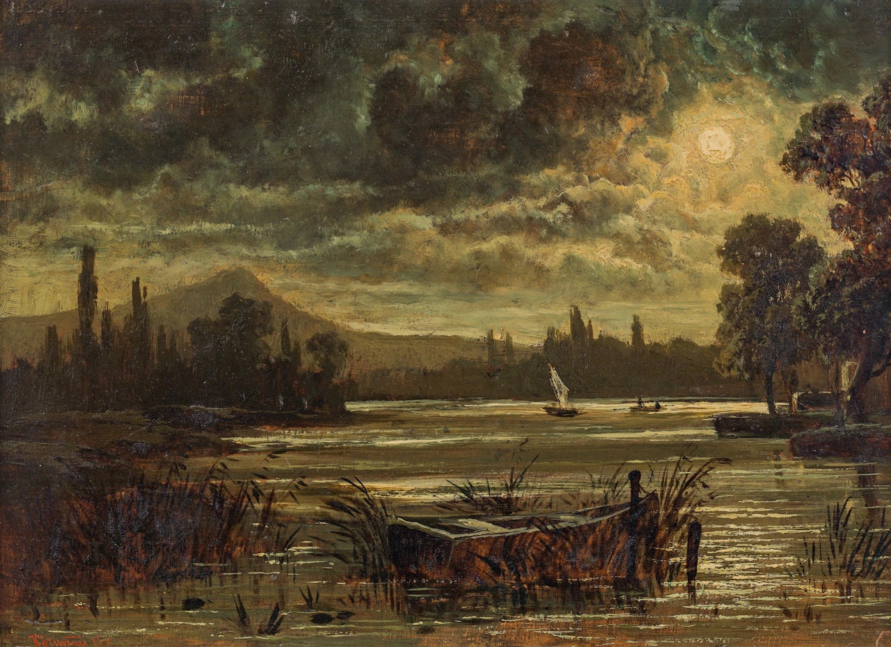 Lakeside landscape by moonlight by Theodor von Hörmann
