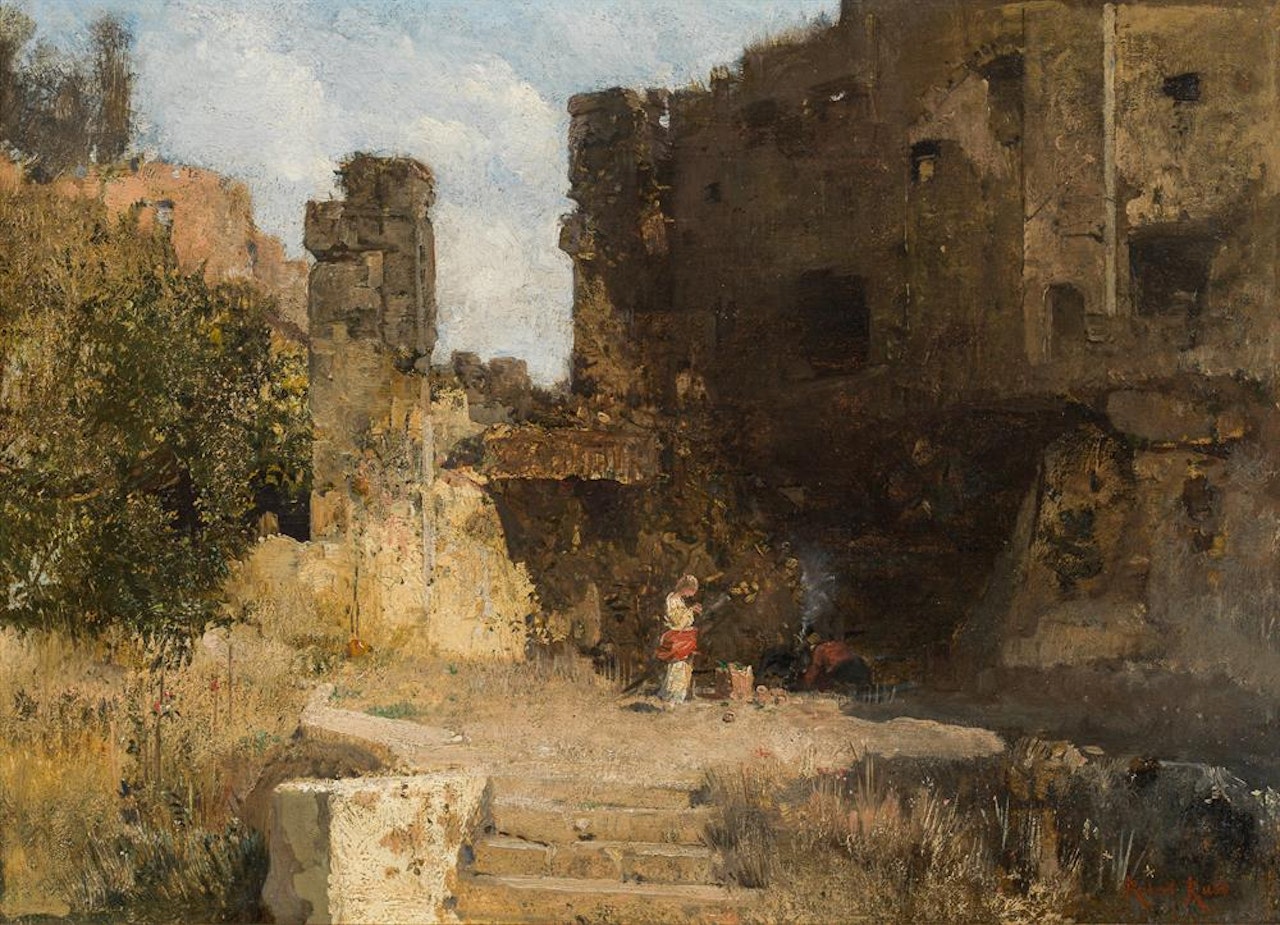"Mittagsrast in der Ruine" (study) by Robert Russ