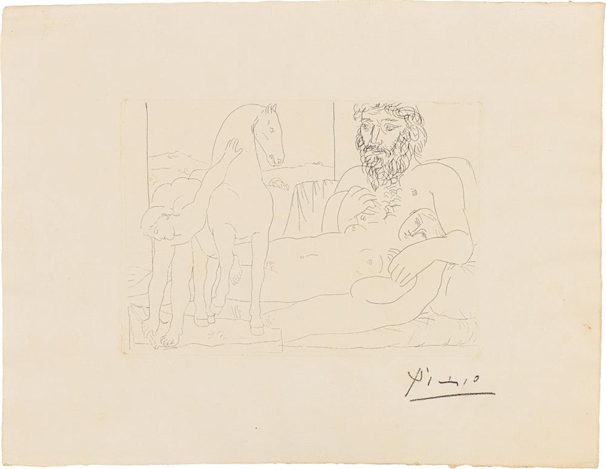 Le Repos du Sculpteur devant le Jeune Cavalier, from "La Suite Vollard" by Pablo Picasso