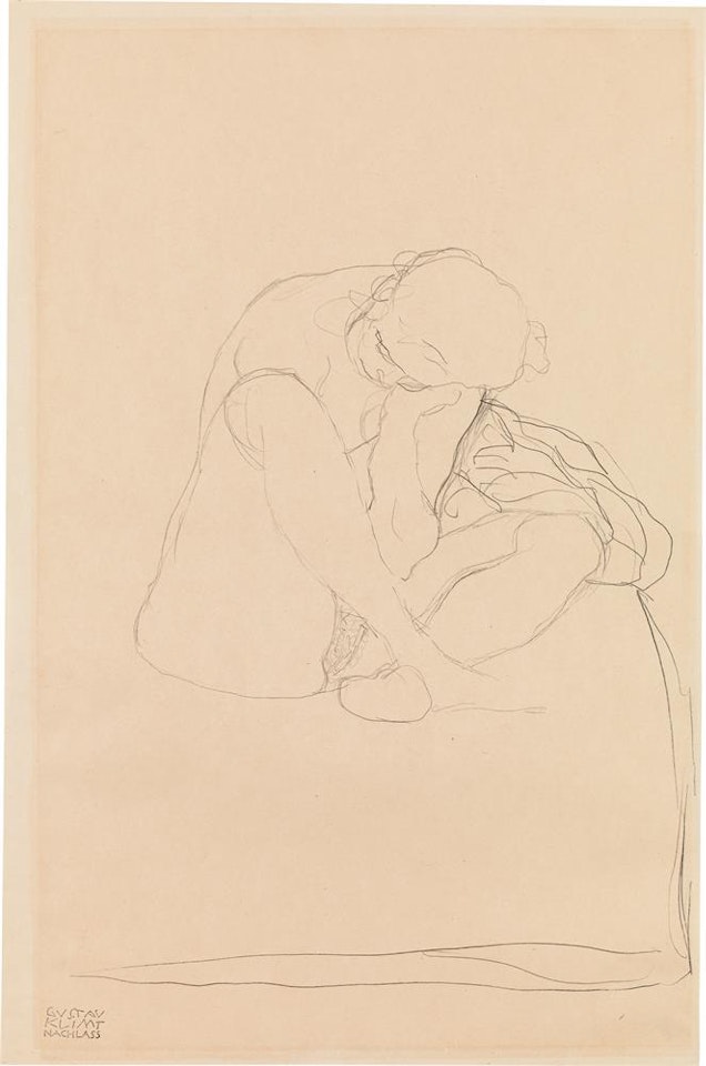 Crouching nude on a daybed (study related to "Tod und Leben") by Gustav Klimt