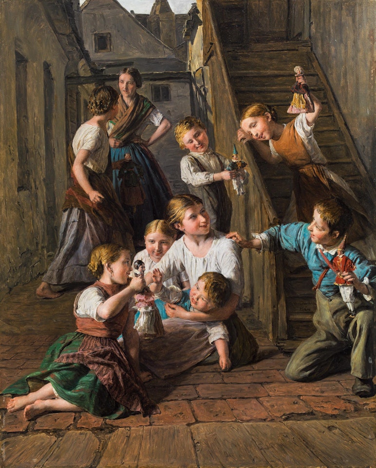 Children playing with dolls by Ferdinand Georg Waldmüller