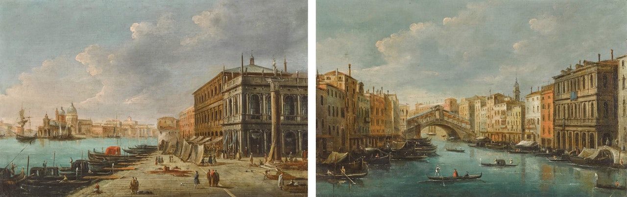Venice, a view of the Molo with the Dogana and Santa Maria della Salute in the distance; Venice, a view of the Grand Canal with the Rialto Bridge by Giuseppe Bernardino Bison